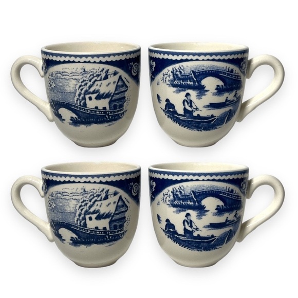 Staffordshire Engravings Blue Wild Rose China 4 pc Coffee Mug Tea Cup Blue White - Picture 1 of 7